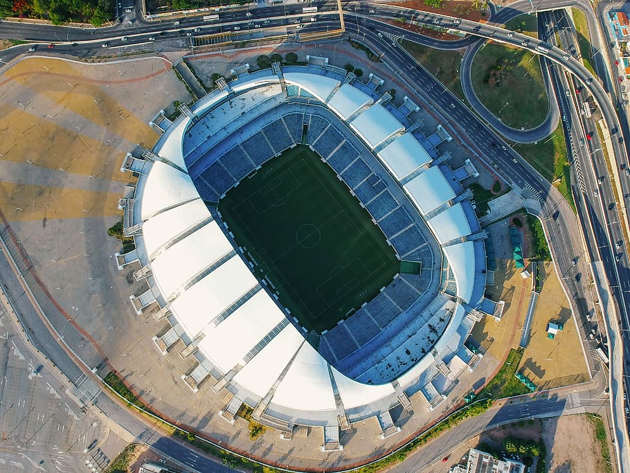 aerial photo of soccer stadium, bird's eye view photography of soccer field building HD wallpaper