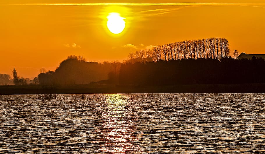 landscape, pond, twilight, sun, sunset, sky, water, tranquility HD wallpaper