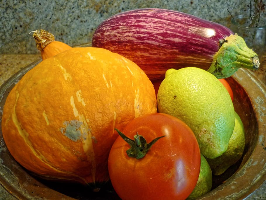 pumpkin, eggplant, tomato, vegetables, food, food and drink HD wallpaper