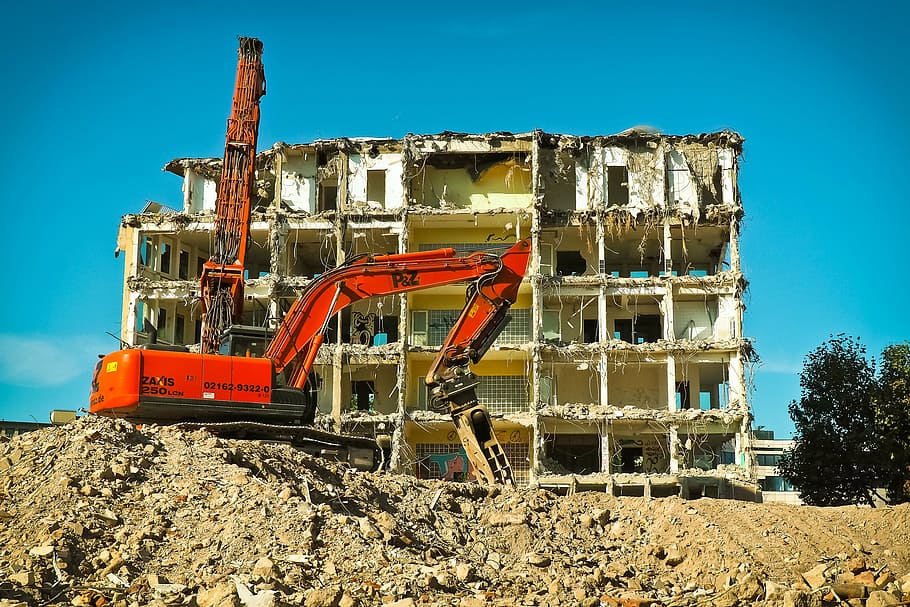 demolished apartment, site, excavators, construction work, demolition HD wallpaper