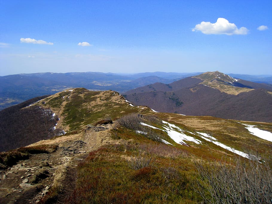 poland, bieszczady, spring, mountains, the horizon, blue sky HD wallpaper