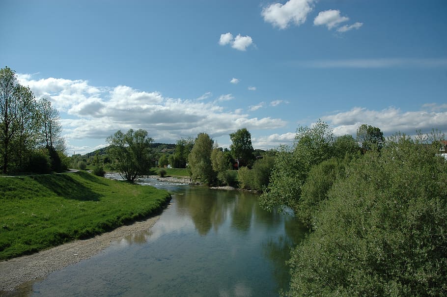 nature, waters, tree, sky, landscape, river, panorama, grass HD wallpaper