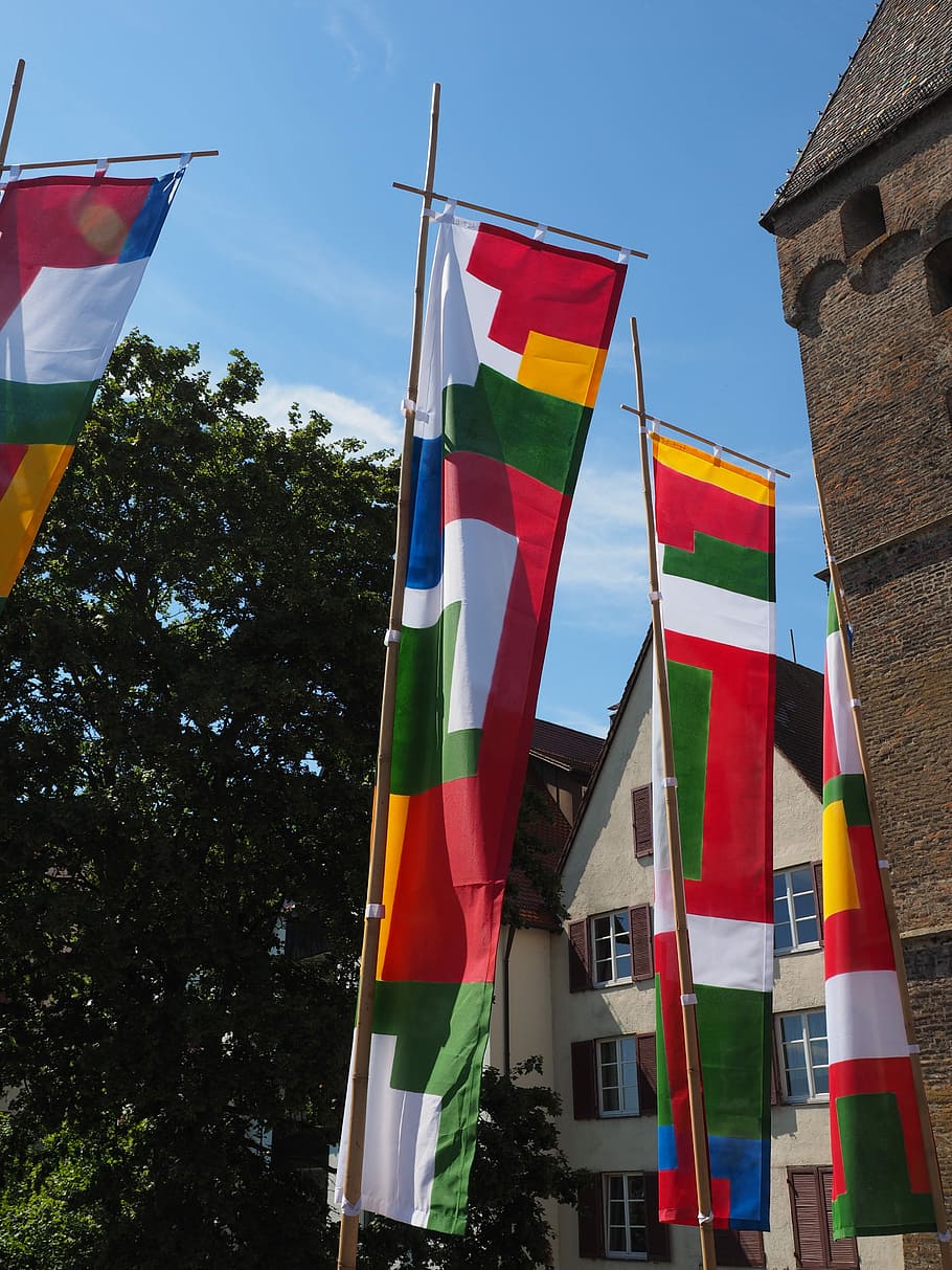 Flags, Colorful, Blow, Wind, Flutter, danube fixed, ulm, patriotism HD wallpaper