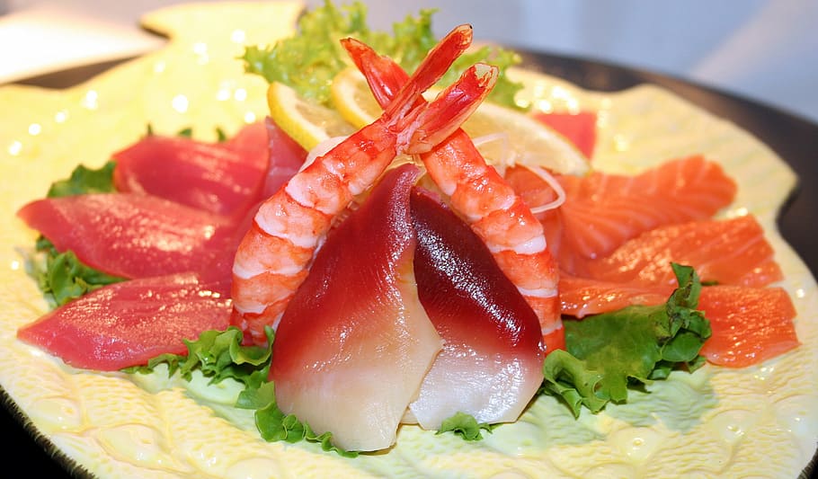 seafood with vegetable and lemon, sushi, fish, raw, shrimp HD wallpaper