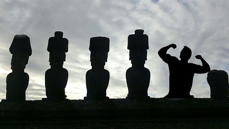 Silhouette, Easter Island, Body Builder, statue, in a row, no people HD wallpaper