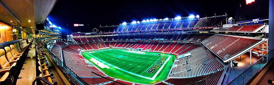 Football Stadium during Night, bleachers, field, panoramic, super bowl, HD wallpaper
