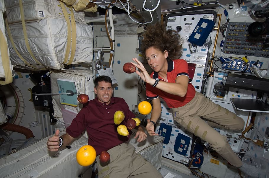 photo of astronauts inside space station, floating, fruit, weightless HD wallpaper