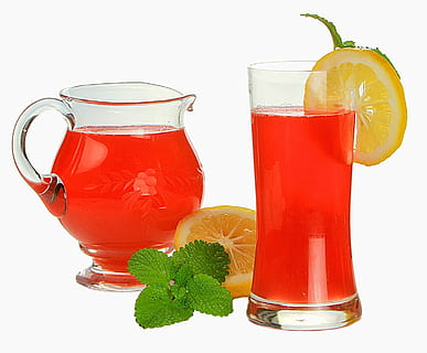 apple juice in glass with slice of lemon, food, raspberry, lemonade HD wallpaper