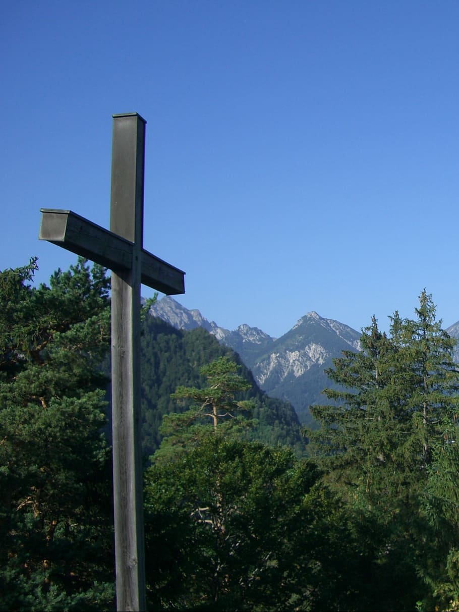 cross, summit cross, firs, mountains, allgäu alps, sky, blue, HD wallpaper