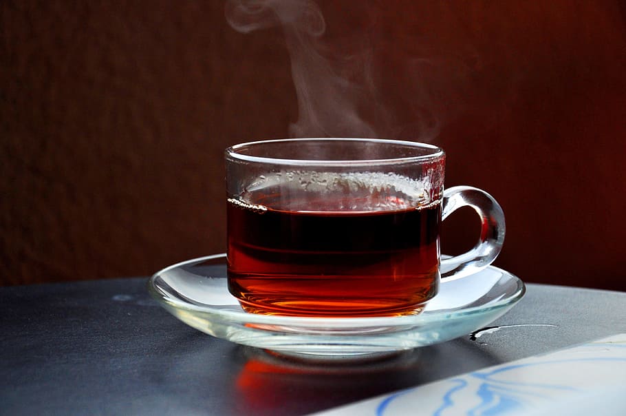 photo of clear mug on saucer, cup, drink, tea, beverage, breakfast HD wallpaper