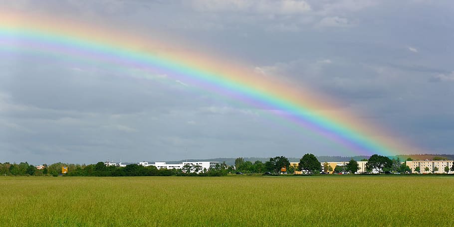Rainbow, Nature, arch, sky, outdoors, field, grass, landscape
