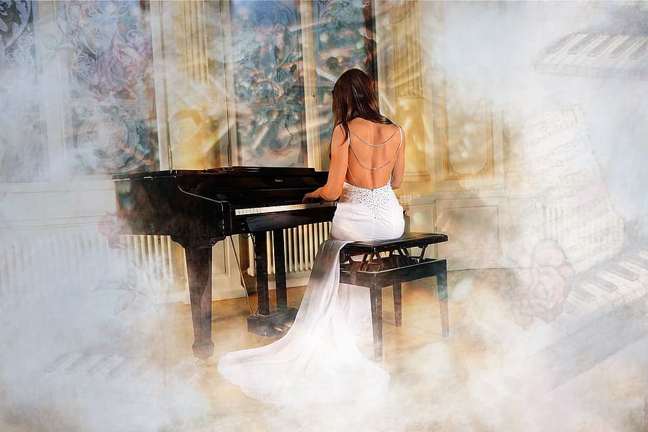 woman in white backless dress sitting on black wooden chair while playing upright piano, HD wallpaper