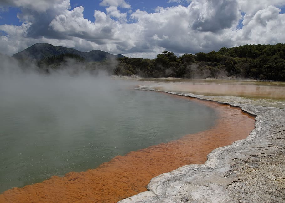 Hot Source, Thermal, Nature, country, landscape, clouds, new zealand HD wallpaper