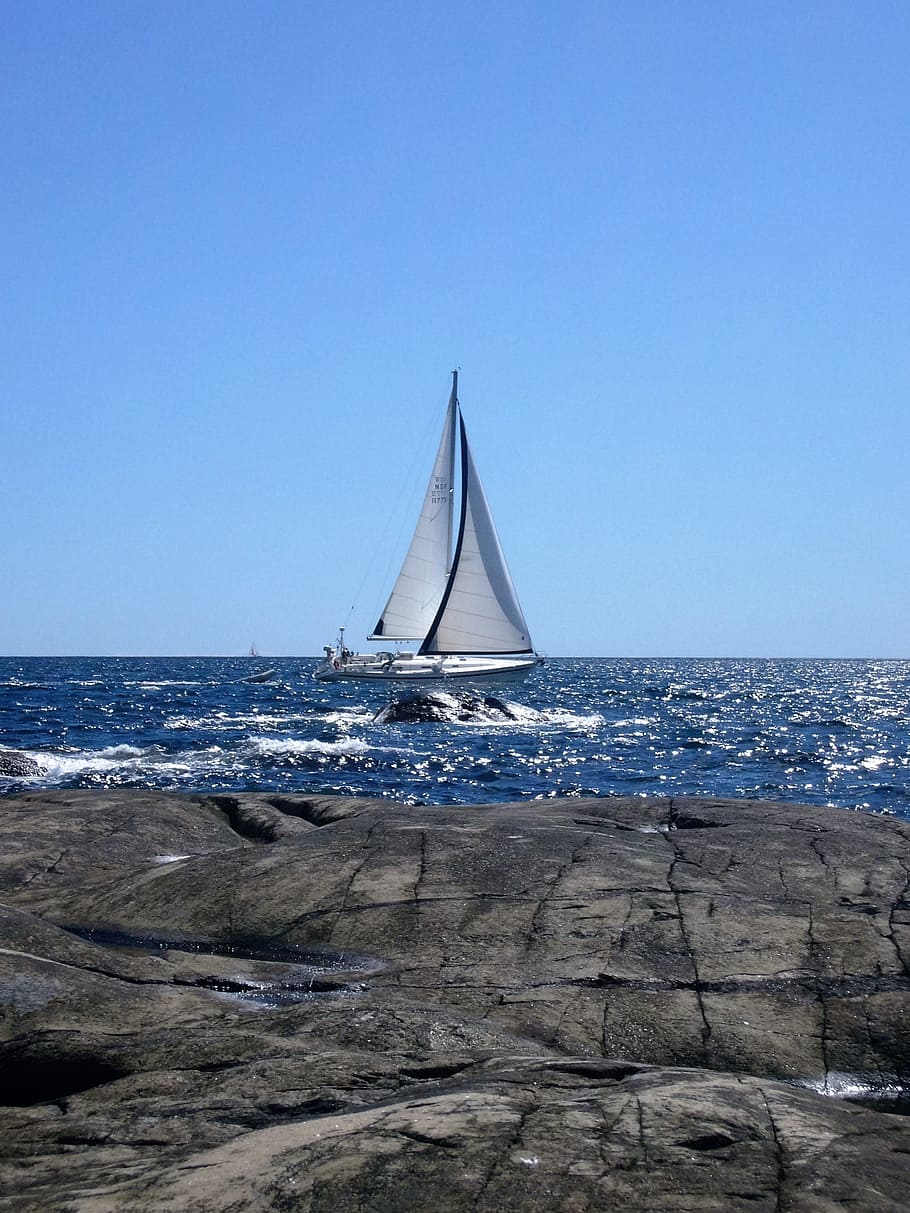 Sail, Wind, Rock, Water, Boat, Sea, yacht, summer, sailboat HD wallpaper