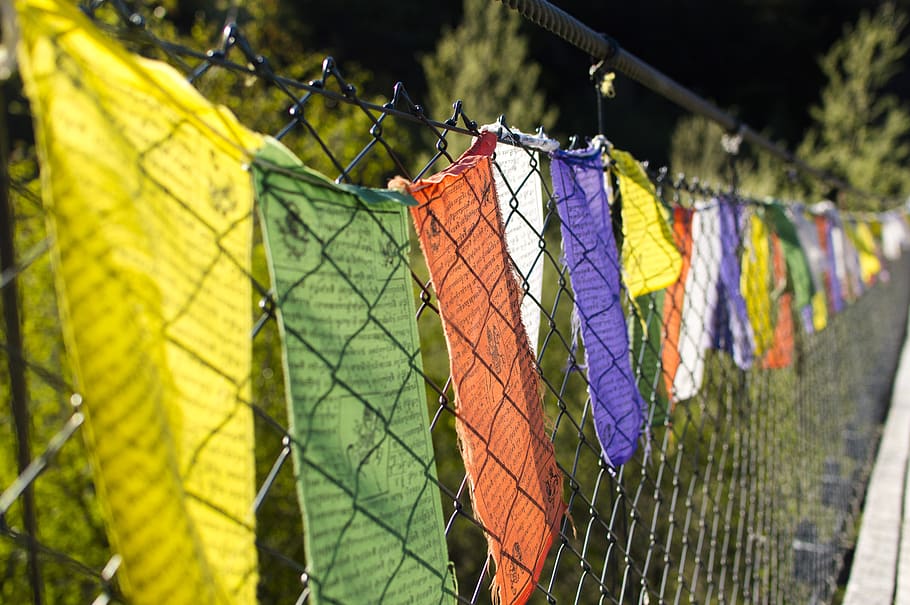 flags, colorful, railing, hanging, multi colored, no people HD wallpaper
