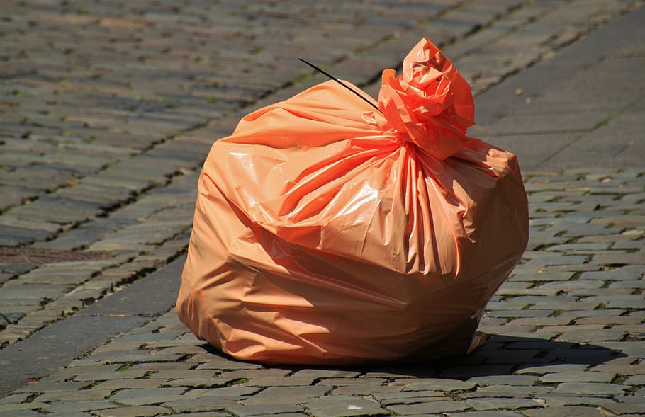 photo of orange plastic garbage bag, waste, non recyclable waste, HD wallpaper