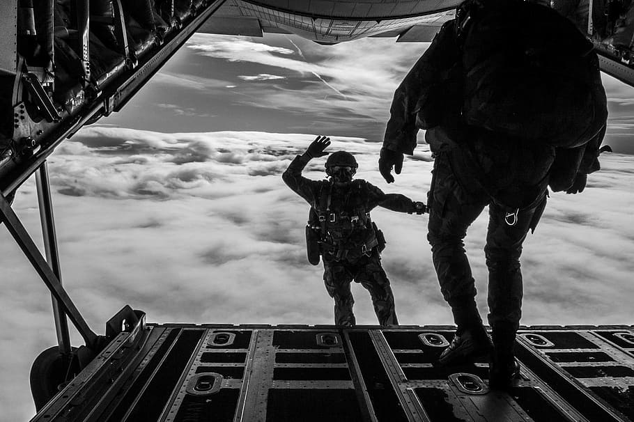grayscale photo of person skydiving, parachuting, fall, parachute