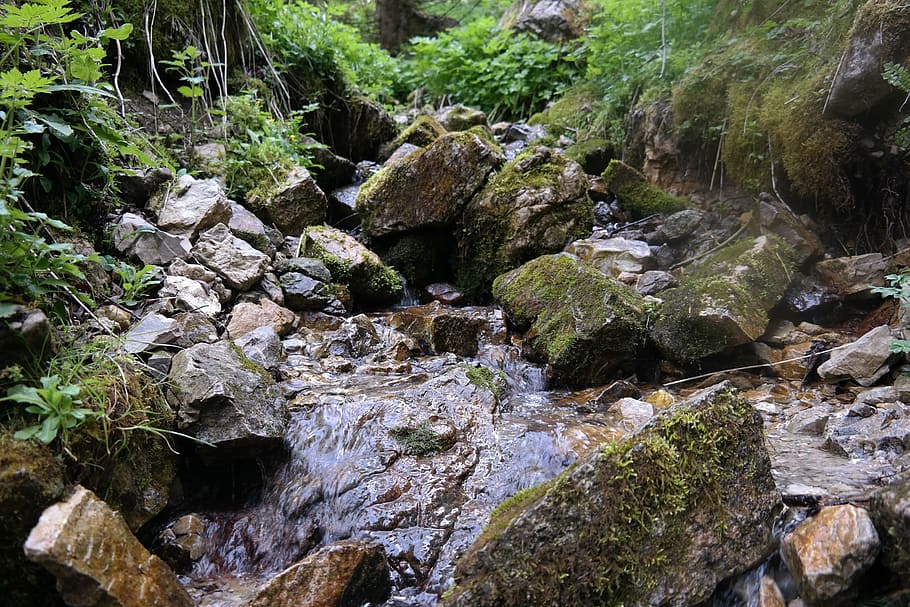 mountains, source, bach, water, nature, river, stones, rock HD wallpaper