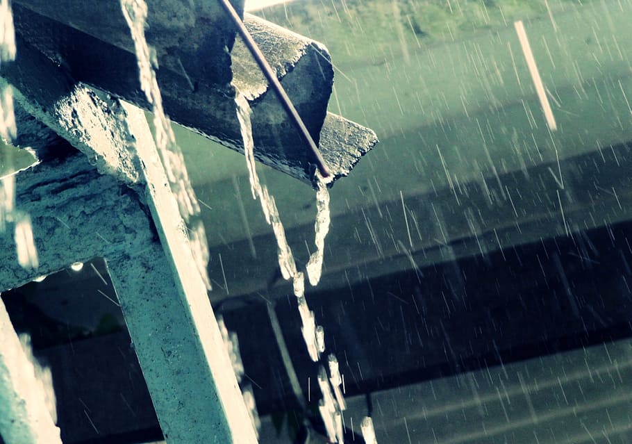 grayscale photo of building, rain, rain drop, drops, blue, house HD wallpaper