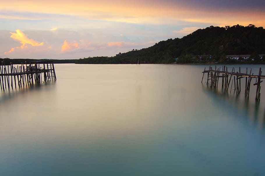 jetty, sea, dawn, landscape, beach, bridge, calm waters, clouds HD wallpaper