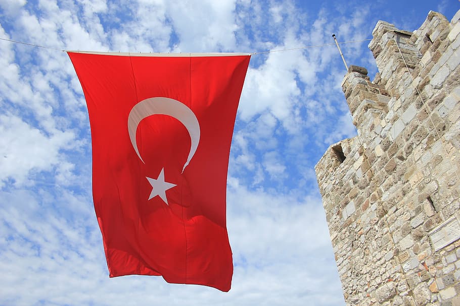 Turkey flag under cloudy sky, turks, red, day, outdoors, low angle view HD wallpaper