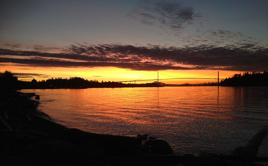 sunrise, bridge, reflections, sky, sunset, water, cloud - sky HD wallpaper