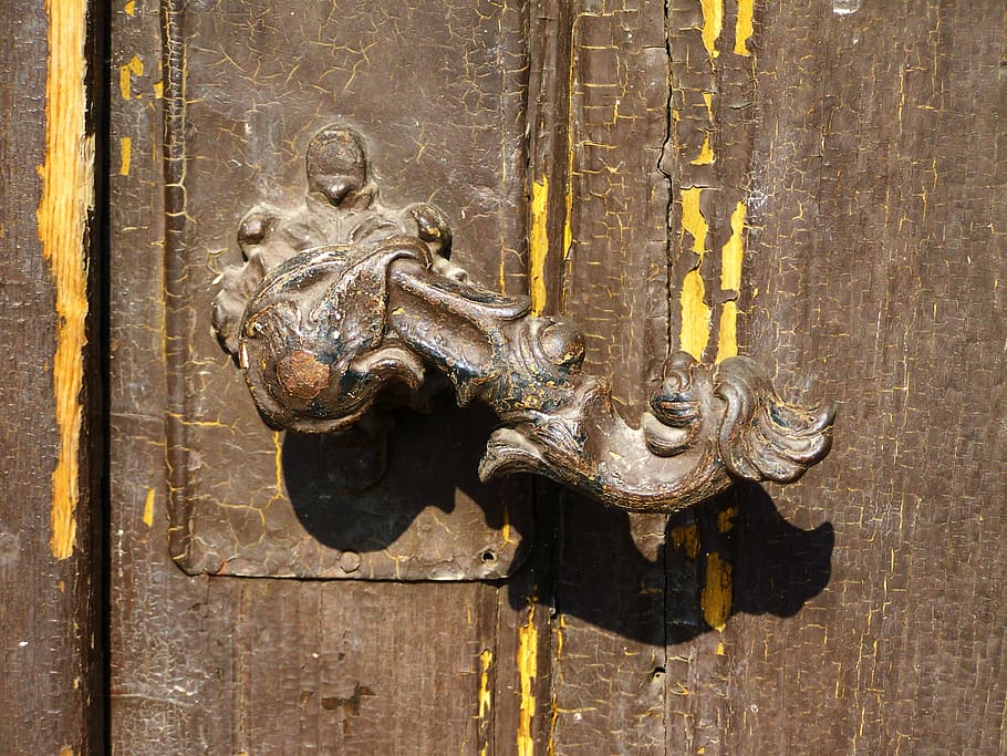 old doorknob, antique, tarnished, metal, entrance, representation