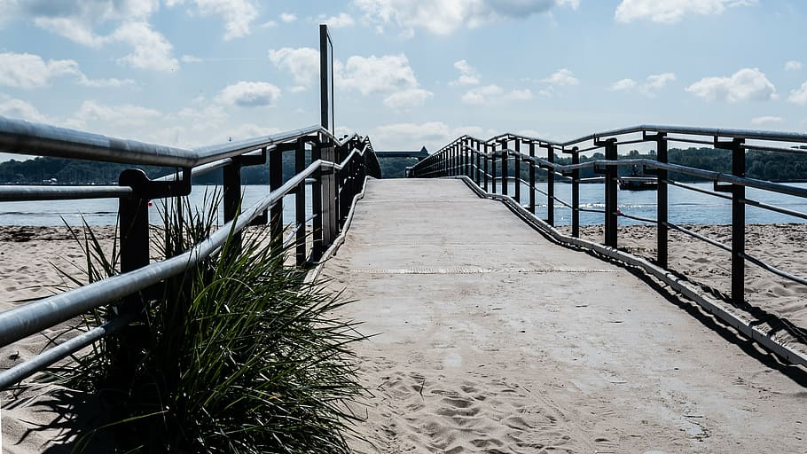 pier, bridge, sea, beach, sky, water, cloud - sky, railing HD wallpaper
