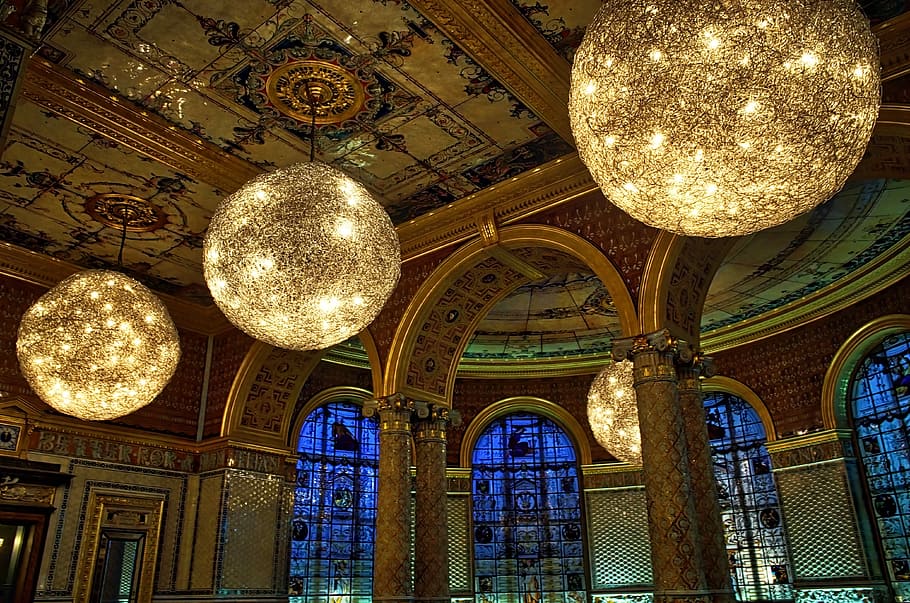 three ceiling mount light balls, architecture, indoors, religion HD wallpaper