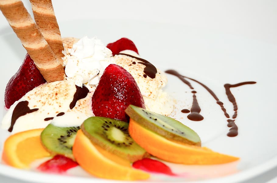 ice cream with kiwi and strawberry, Dessert, Fruit, Sweets HD wallpaper
