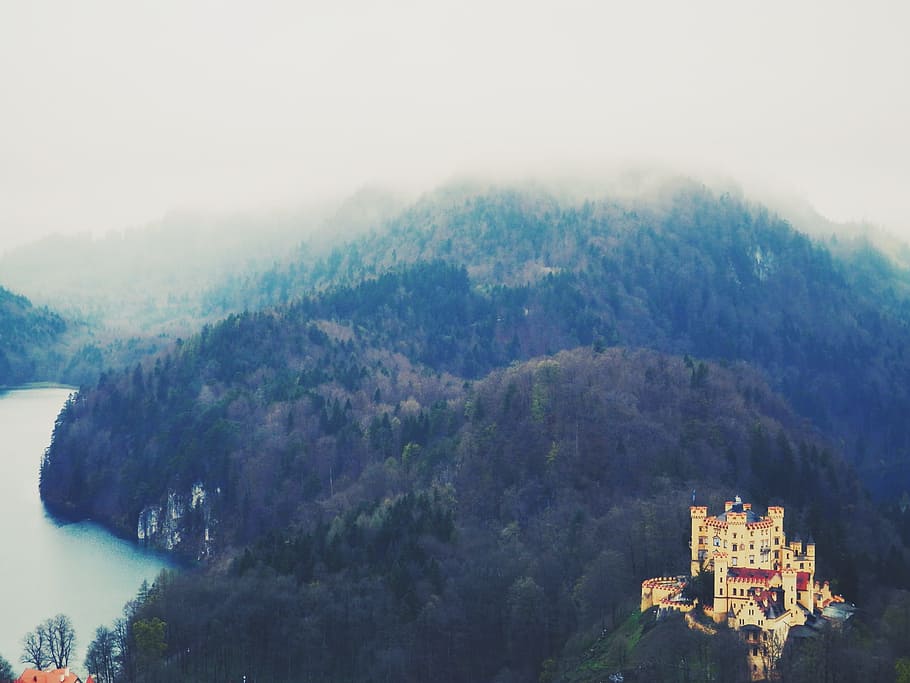 castle aerial photography, hohenschwangau, bavaria, germany, europe