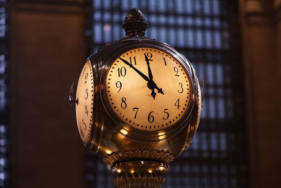 turned on brass-colored train station analog clock, grey street clock HD wallpaper