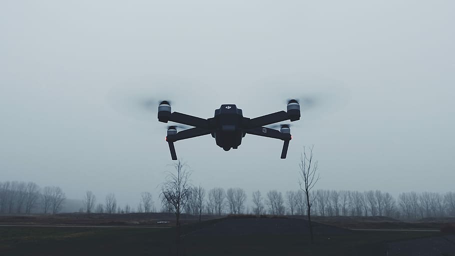 quadcopter drone in middle of air, flight, fly, tree, field, hover, HD wallpaper
