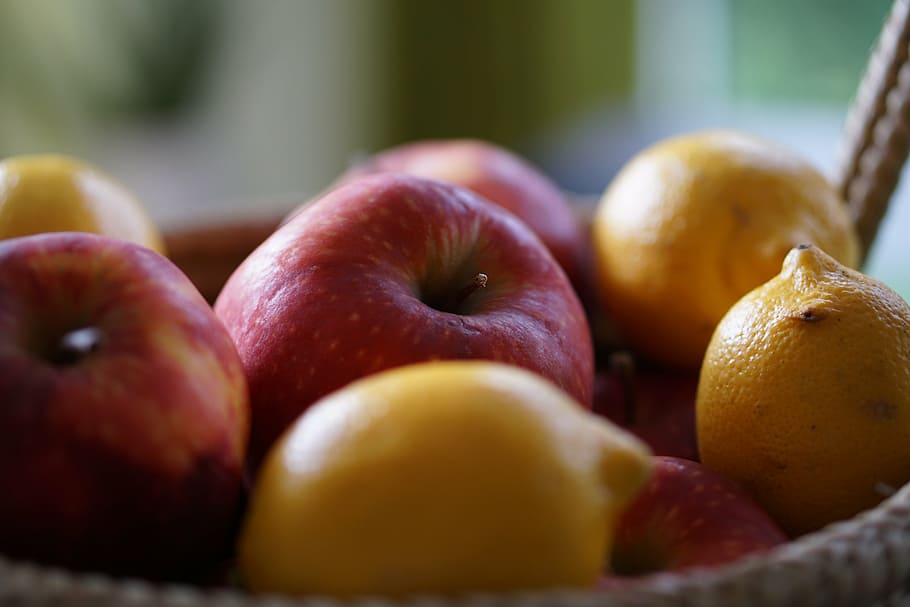 apple, lemon, basket, fruit, fruits, vitamins, healthy, citrus fruits HD wallpaper