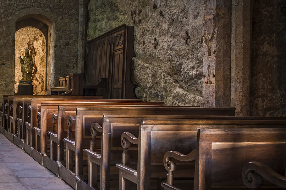 empty brown wooden pews in church, Chapel, Catholic, Medieval HD wallpaper