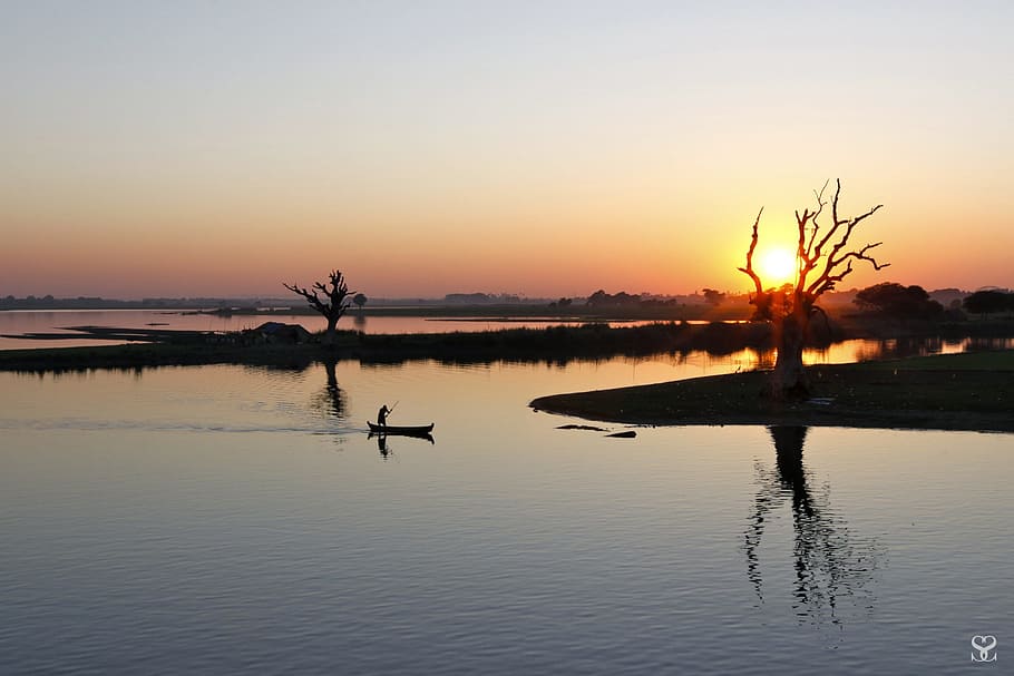 tree surround by body of water, landscape, sunset, river, myanmar HD wallpaper