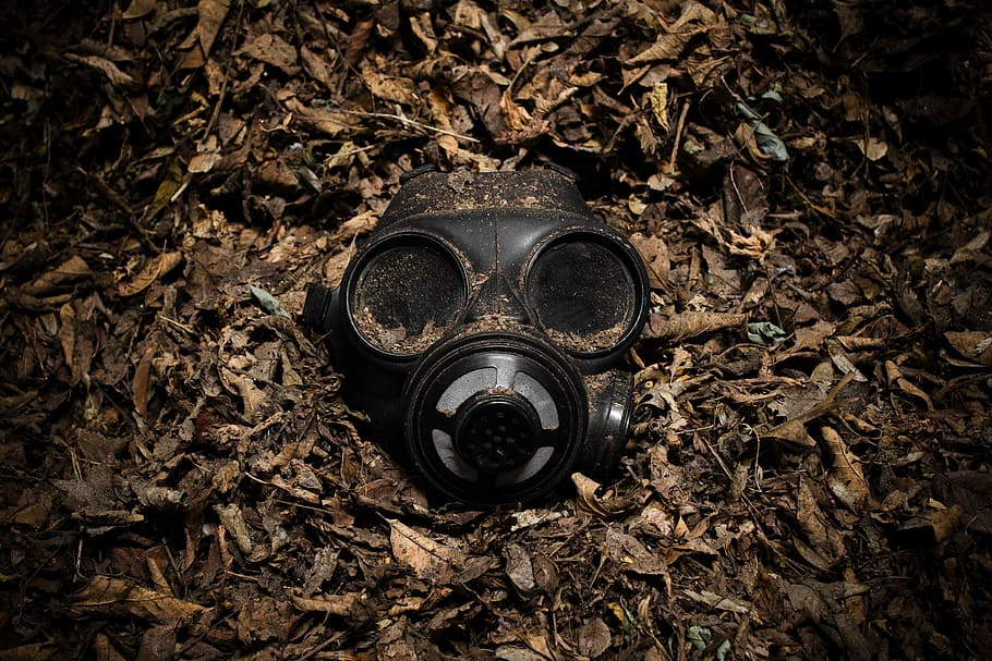 closeup photography of bong mask, black gas mask on brown dried leaves