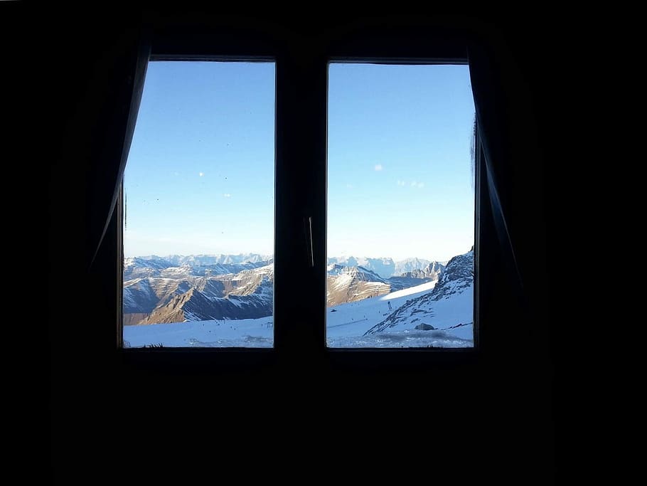 window, mountains, glacier, sky, landscape, austria, view, panorama HD wallpaper