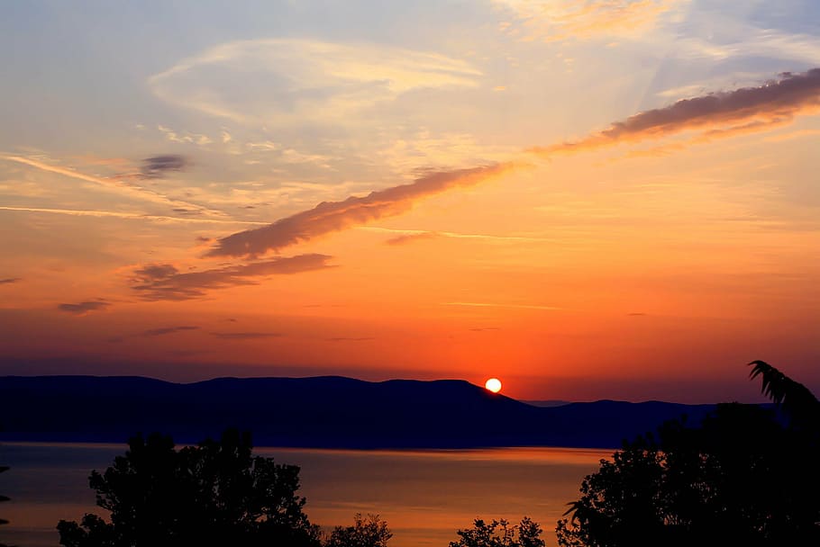 dawn, island, croatia, sun, horizon, tranquility, istria, sunset, HD wallpaper