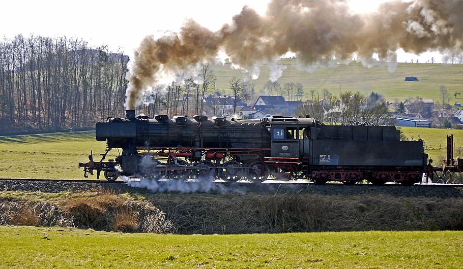 black steel train on black steel rail, steam locomotive, mountain ride, HD wallpaper