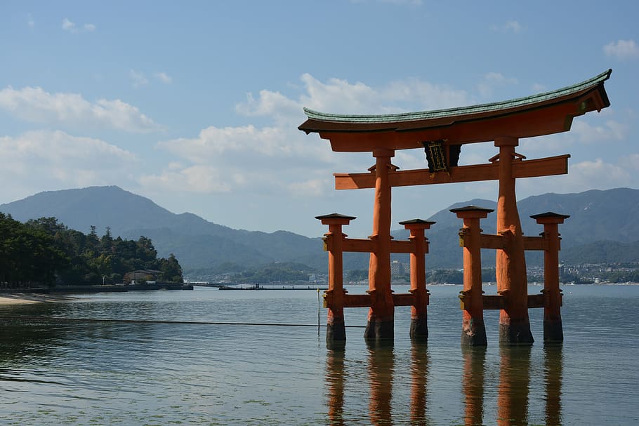 brown arch on body of water, shrine, torii, sea, japan sankei
