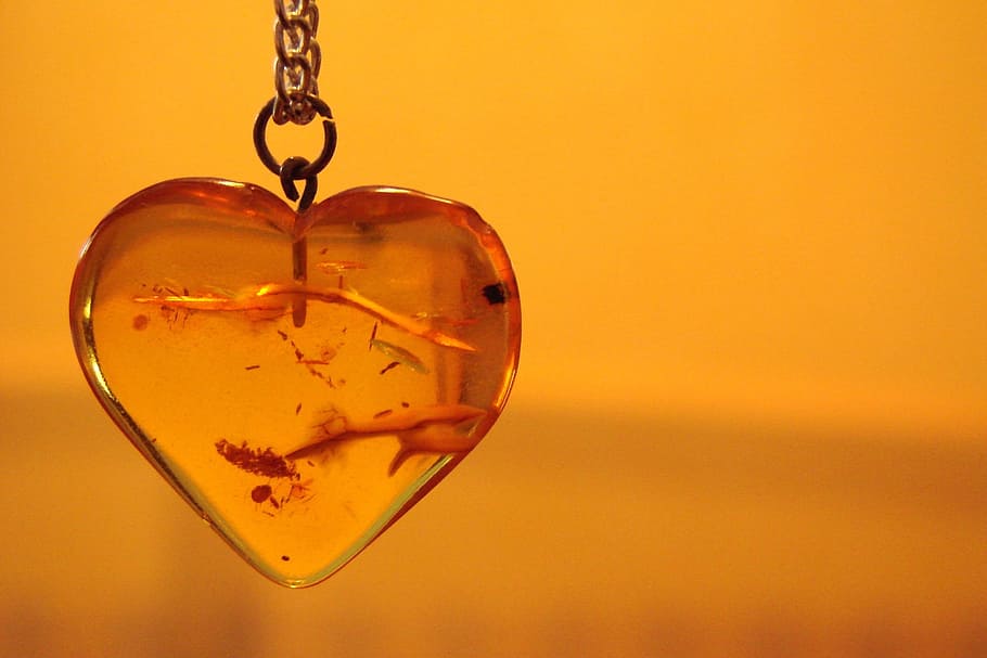 heart-shaped glass pendant, fossil, amber, necklace, orange, jewelry