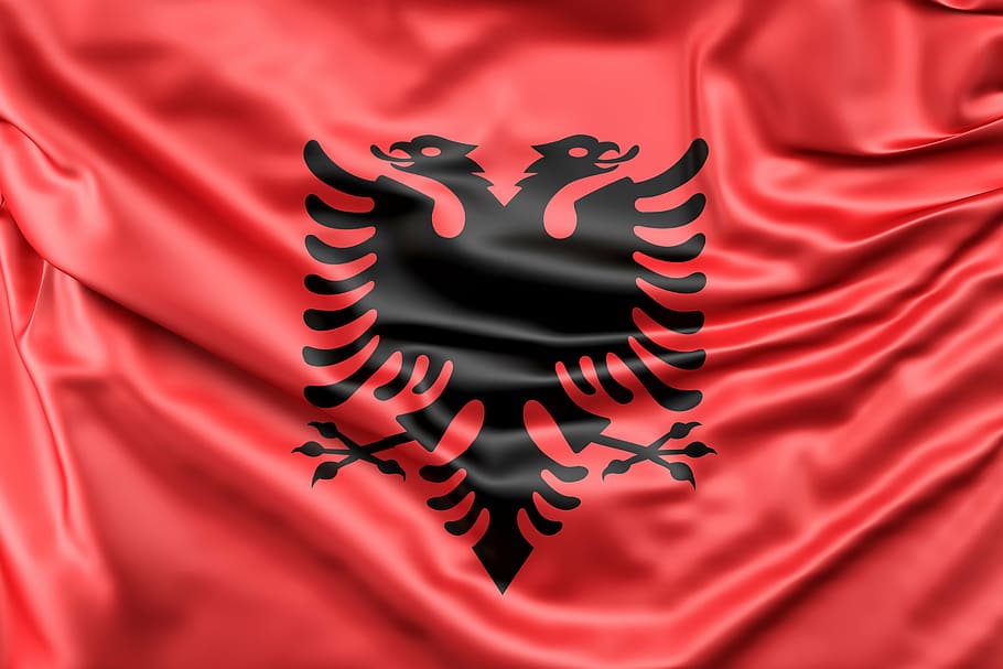 black silhouette 2-headed eagle logo, albania, flag, europe, red
