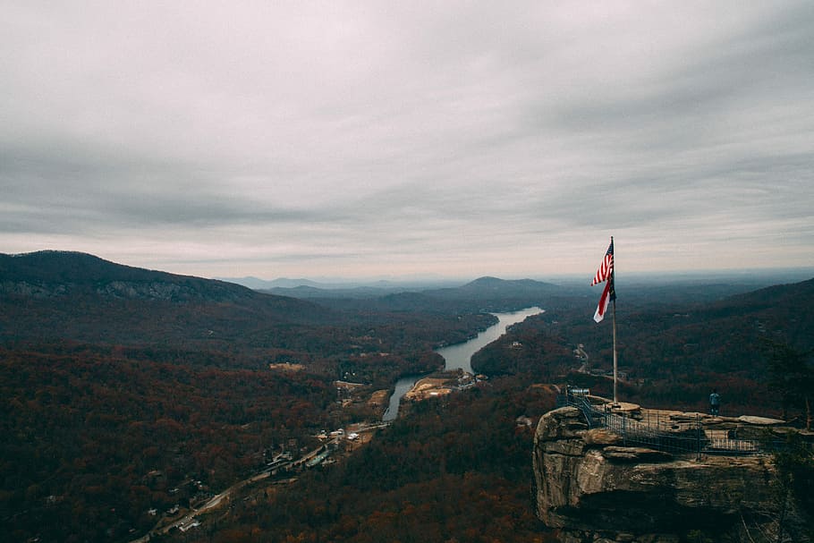 Chimney Rock Fall, two national flag in rock formation, landscape HD wallpaper