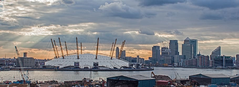 stadium under sunset, o2, london, dome, architecture, river, modern, HD wallpaper
