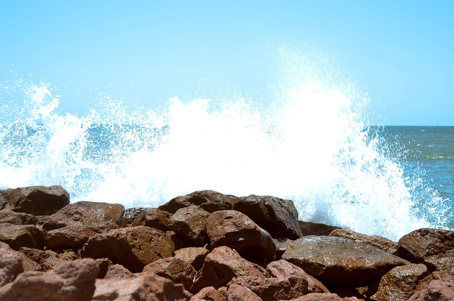 Wave, Breeze, Sea, Rocks, Beach, blue, nature, power in nature HD wallpaper