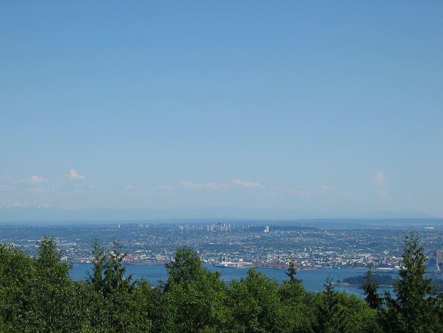 sea, view, city, landscape, water, trees, forest, sky, plant HD wallpaper