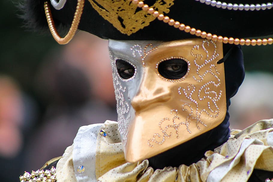 person wearing gold and black mask, venice, carnival, men's, italy, HD wallpaper