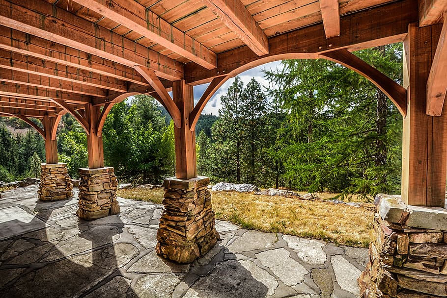 deck, stone, construction, rural, log, wood, wooden, slate HD wallpaper