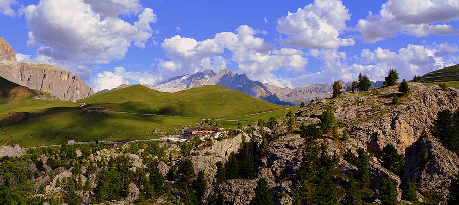 dolomites, sky, clouds, prato, rocks, landscape, italy, mountain HD wallpaper